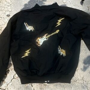 Vintage rock & roll sequin bomber jacket guitar piano lightning patchwork sz Med